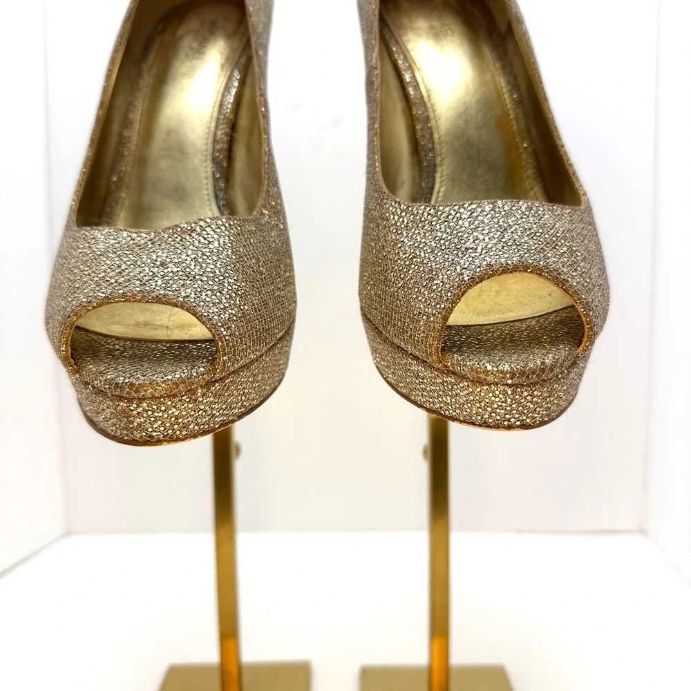 Michael Kors Gold Glitter Peep Toe Platform Pumps Stiletto Heels‎ Womens 9M